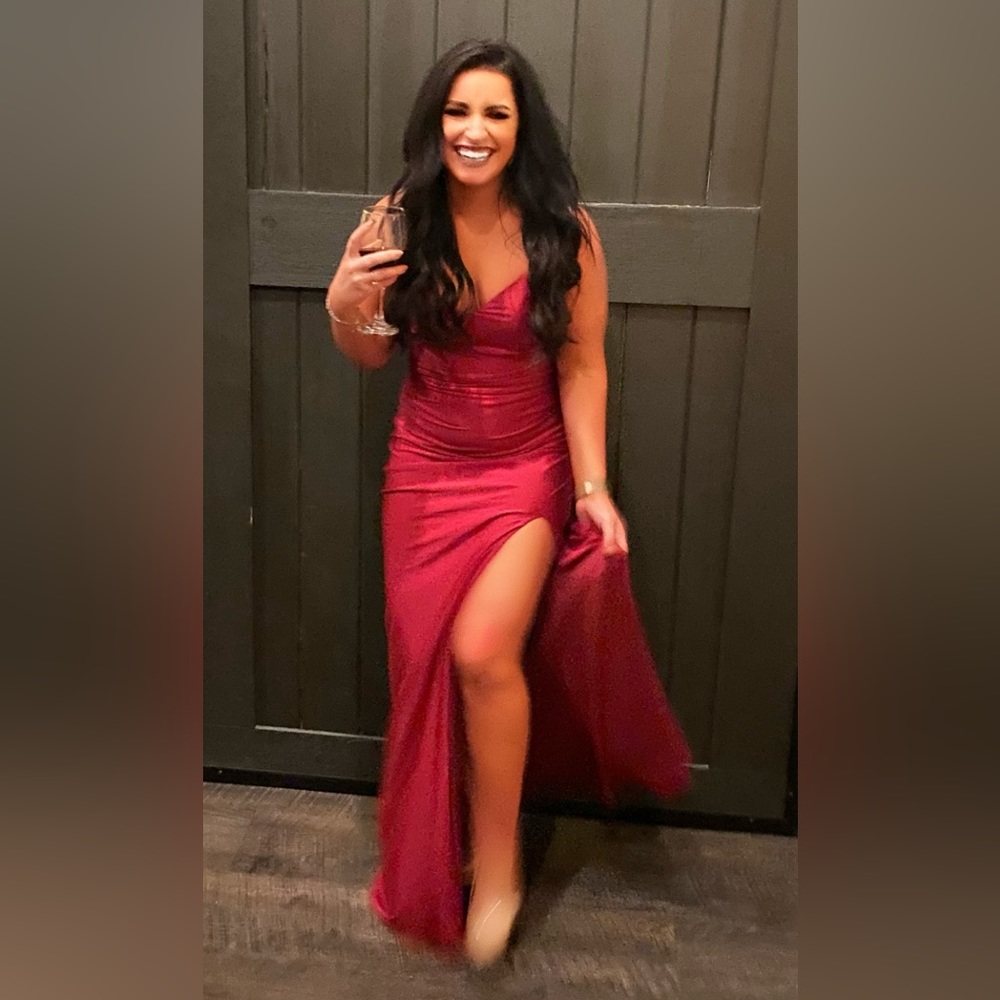 La Femme Cross Back Satin Jersey Trumpet Gown